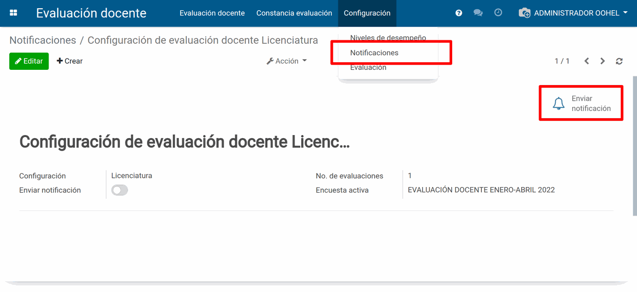 Notificaciones-Evaluación Docente-Oohel Planner